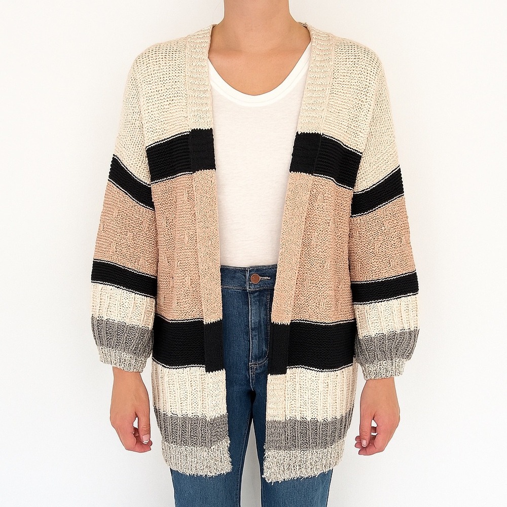 Umgee Cardigan Sweater Women‎ Striped Knit Open Front Cream Gray Neutral Medium